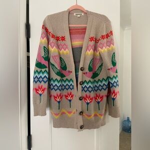 Boden Beige Cardigan with Colorful Bird and Floral Pattern